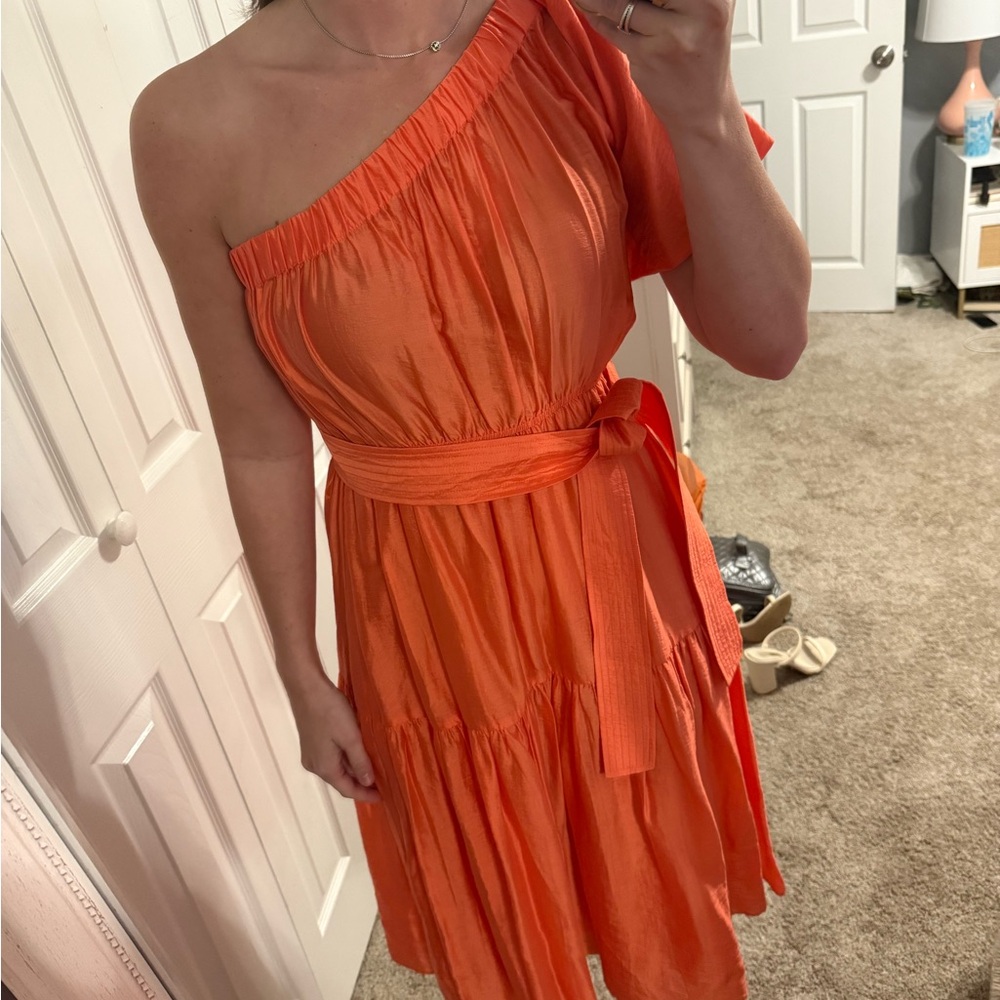 Current Air Orange Asymmetrical Ruched Sundress